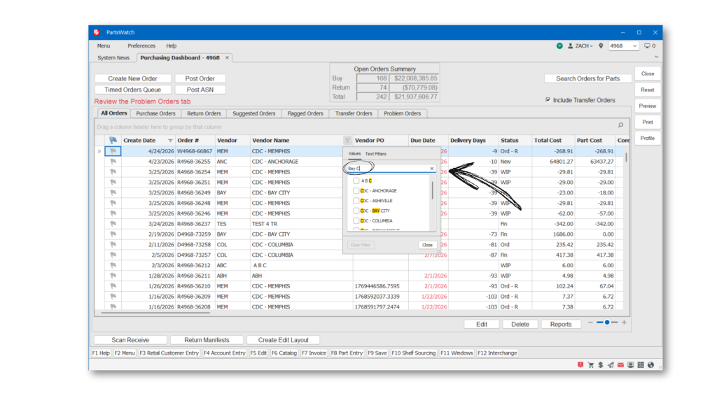 Grid screen with search box open and arrow pointing to where you can search