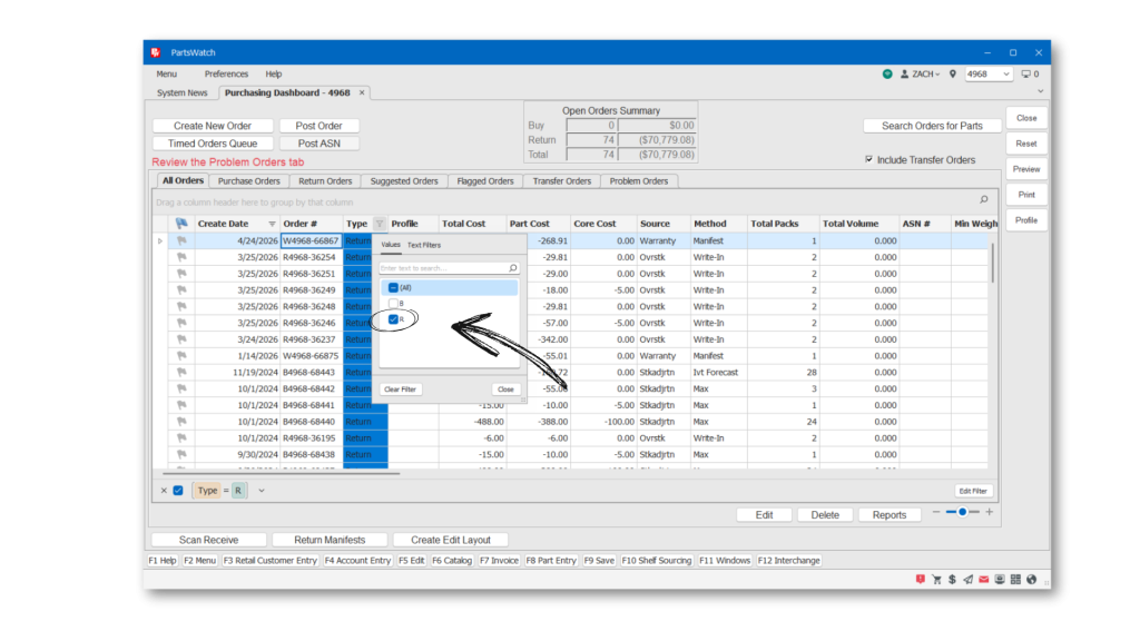 Screen displaying where you can reorganize the columns in the grid with an arrow pointing at customization options