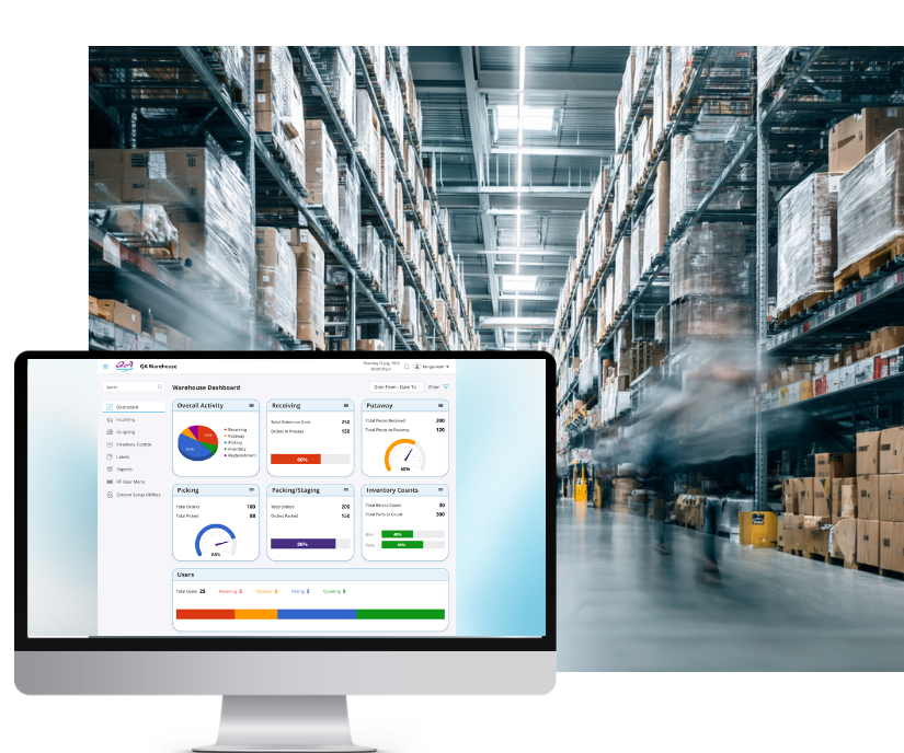 Warehouse image with escan dashboard mockup